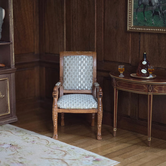 1:12 Artisan Carved Wood Armchair with Silvery Ivory Basket-Weave Silk Upholstery