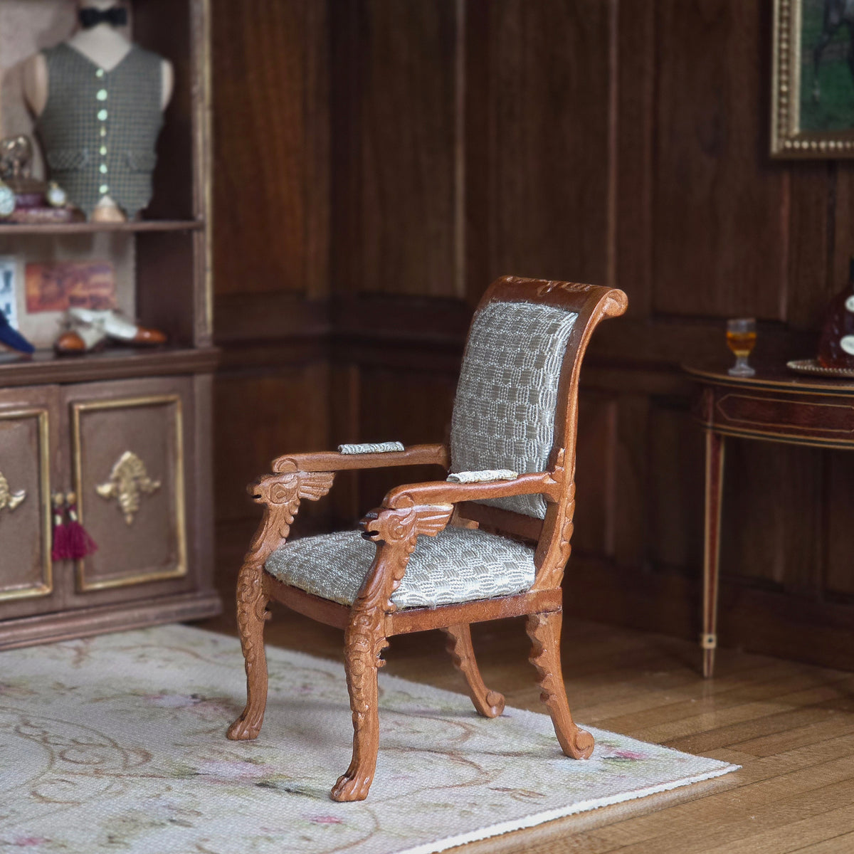 1:12 Artisan Carved Wood Armchair with Silvery Ivory Basket-Weave Silk Upholstery