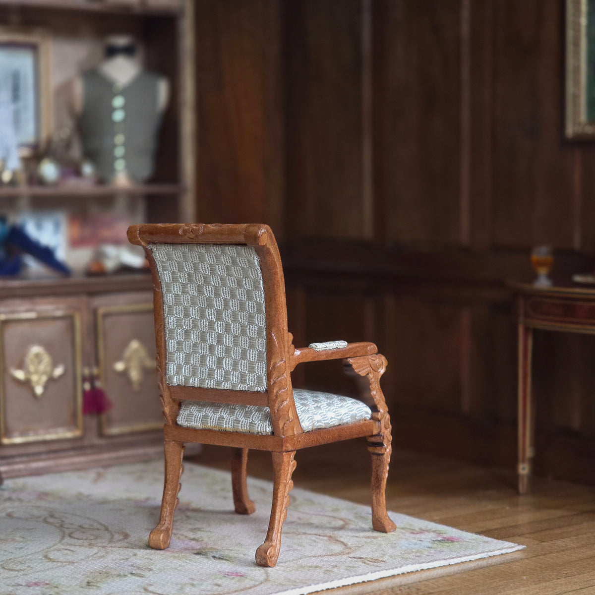 1:12 Artisan Carved Wood Armchair with Silvery Ivory Basket-Weave Silk Upholstery