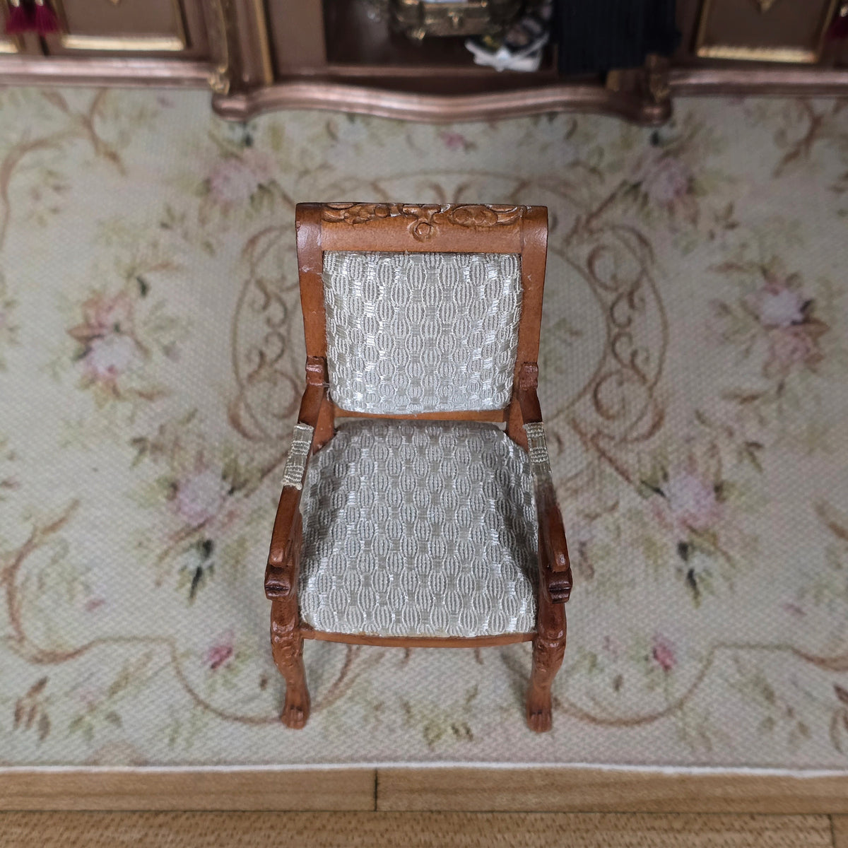 1:12 Artisan Carved Wood Armchair with Silvery Ivory Basket-Weave Silk Upholstery