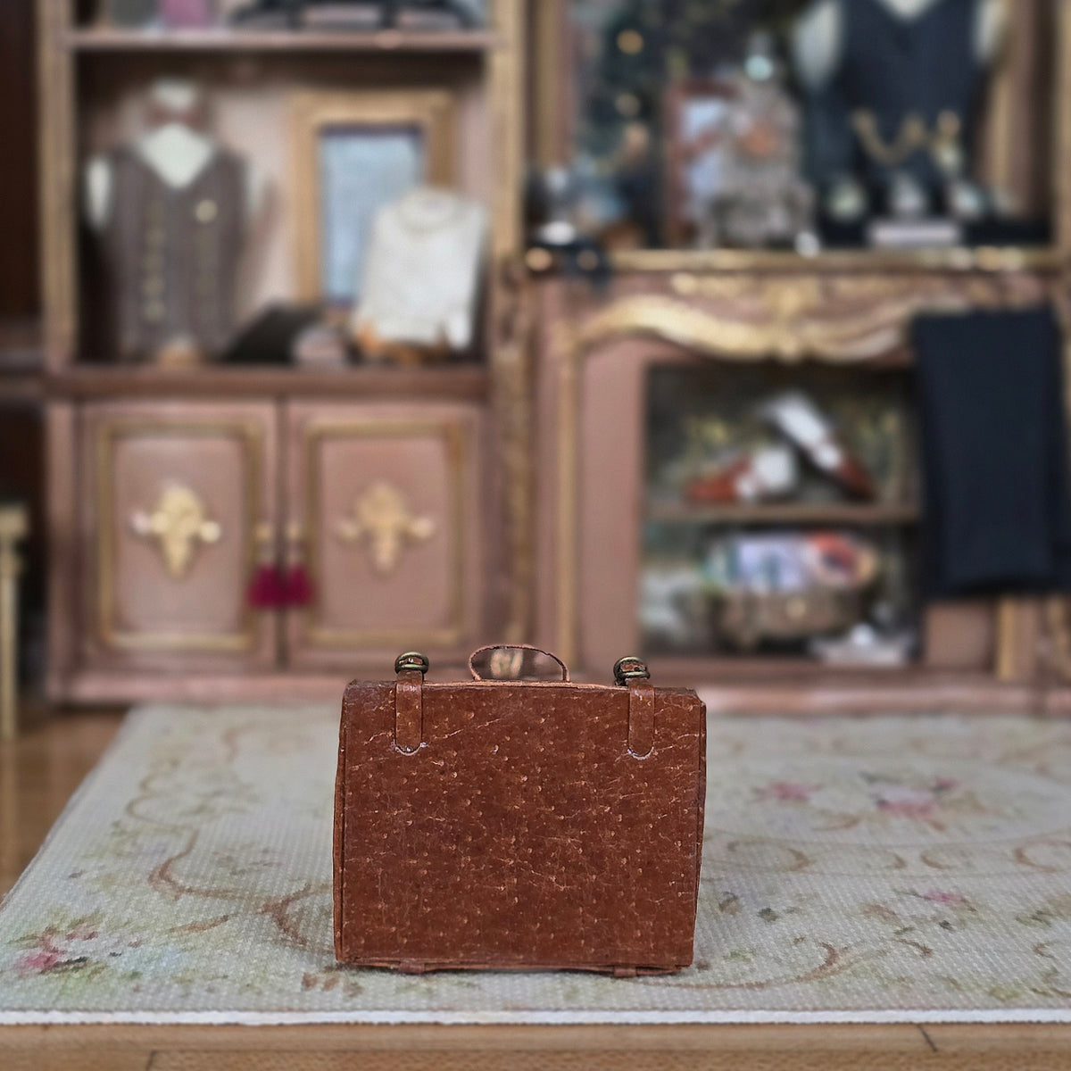 Jose Gomez 1:12 Real Leather Vintage Suitcase with Straps, Stitching & Brass Hardware