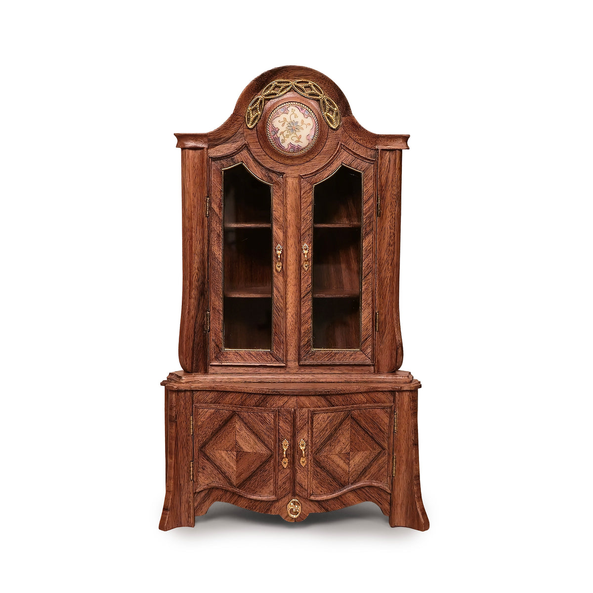 Pierre Zador French Louis XV Marquetry Corner Display Cabinet, Porcelain Medallion 1993