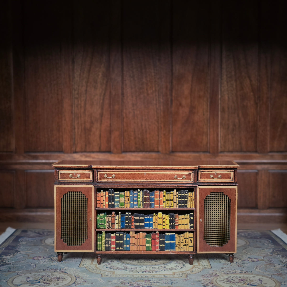 Alan Barnes of Tarbena Miniatures Walnut Breakfront Library Bookcase Credenza with Painted Books 2009