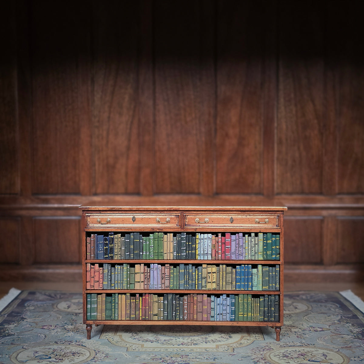 Alan Barnes of Tarbena Miniatures Walnut Low Library Bookcase with Painted Books