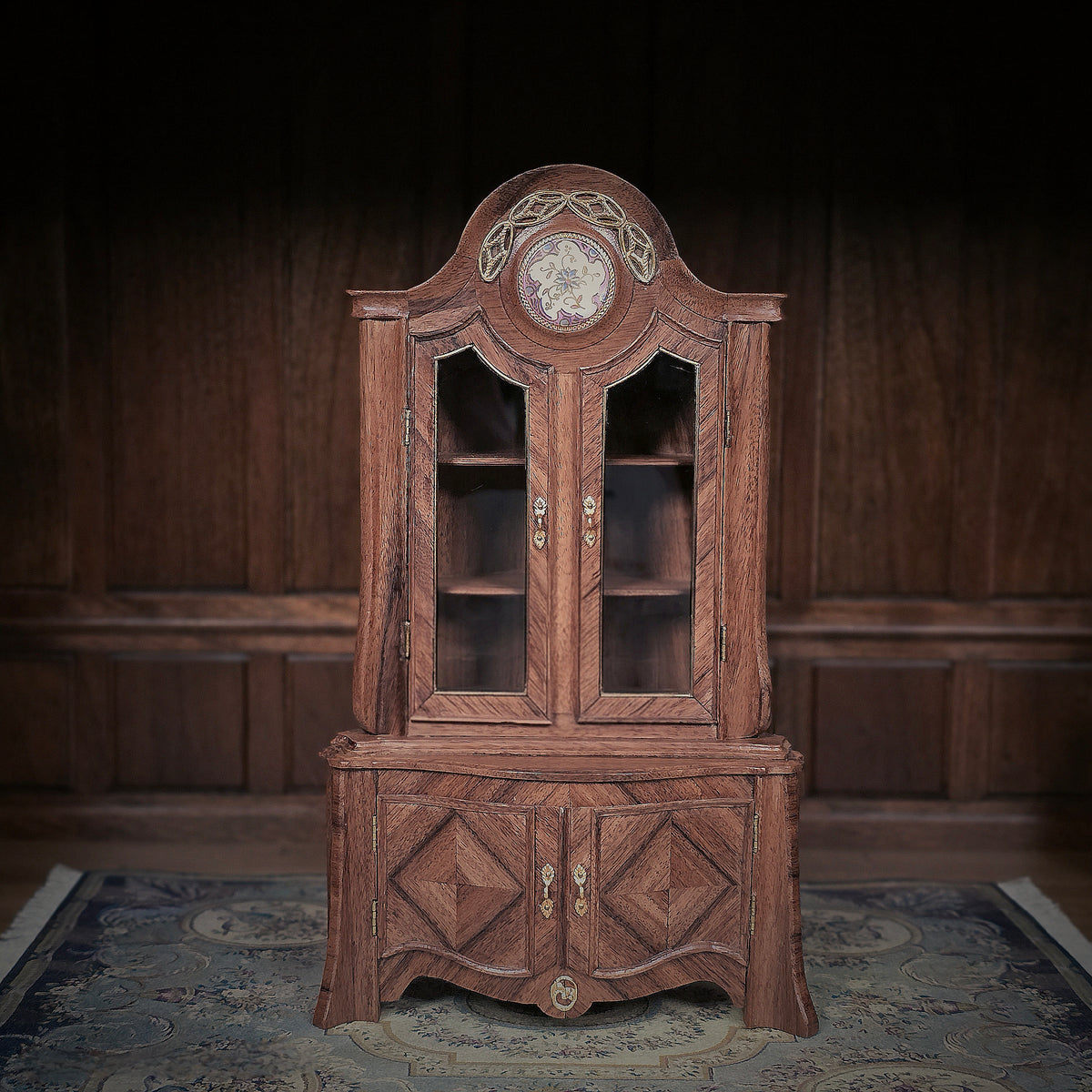 Pierre Zador French Louis XV Marquetry Corner Display Cabinet, Porcelain Medallion 1993