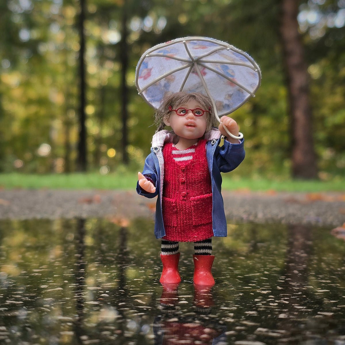 Irina Martin Rainy Day Little Girl Doll with Paddington Bear Umbrella 1:12 Clay