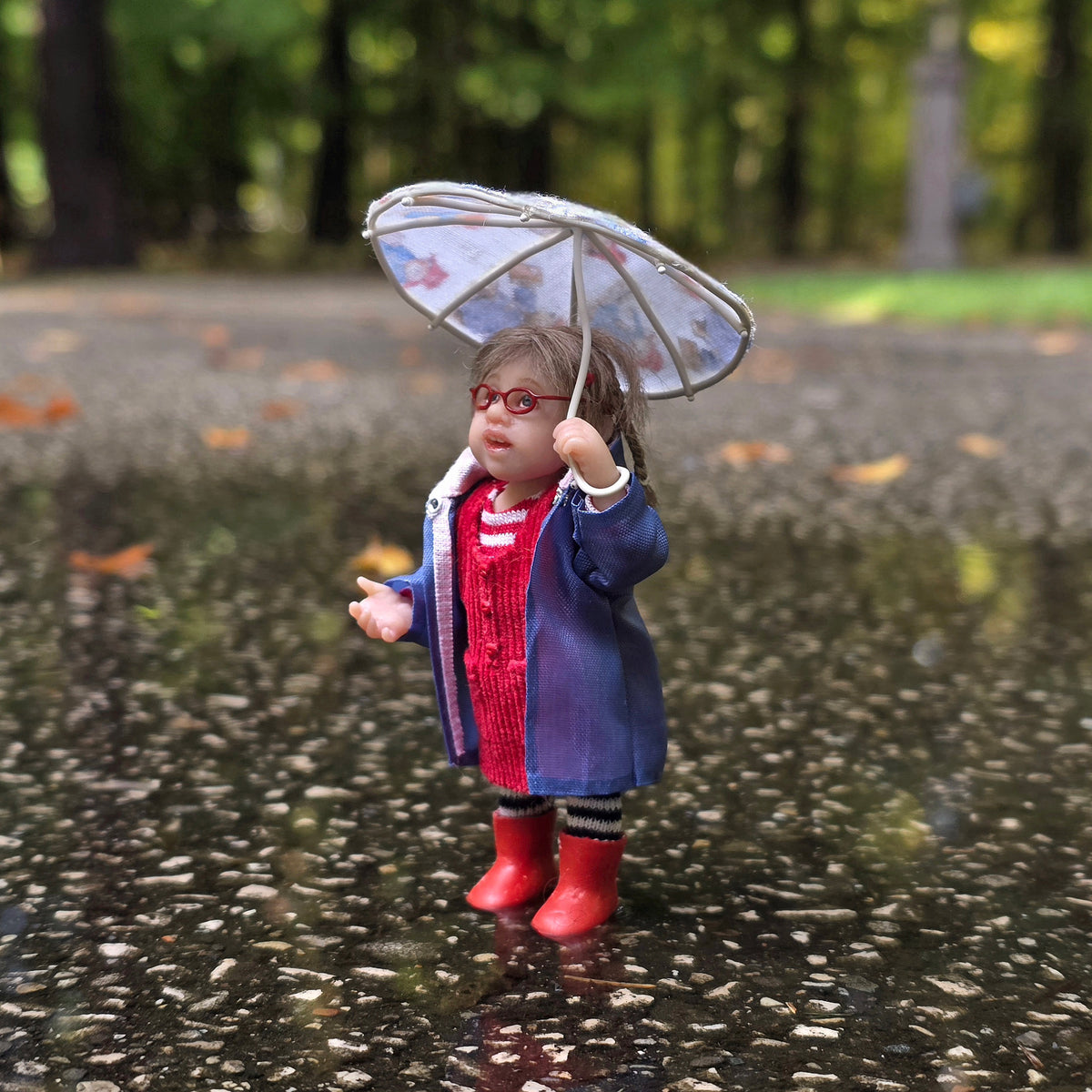 Irina Martin Rainy Day Little Girl Doll with Paddington Bear Umbrella 1:12 Clay