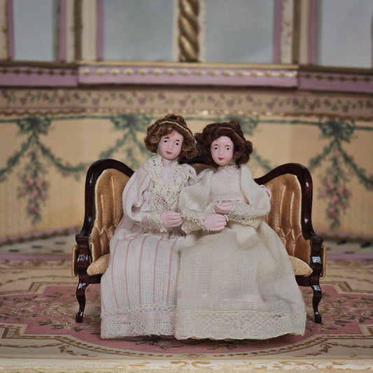 Maureen Thomas Two Girls on Children's Victorian Settee 1:12 Miniature Vignette