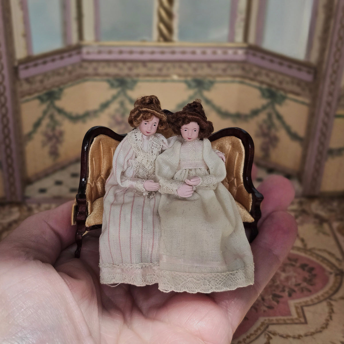 Maureen Thomas Two Girls on Children's Victorian Settee 1:12 Miniature Vignette