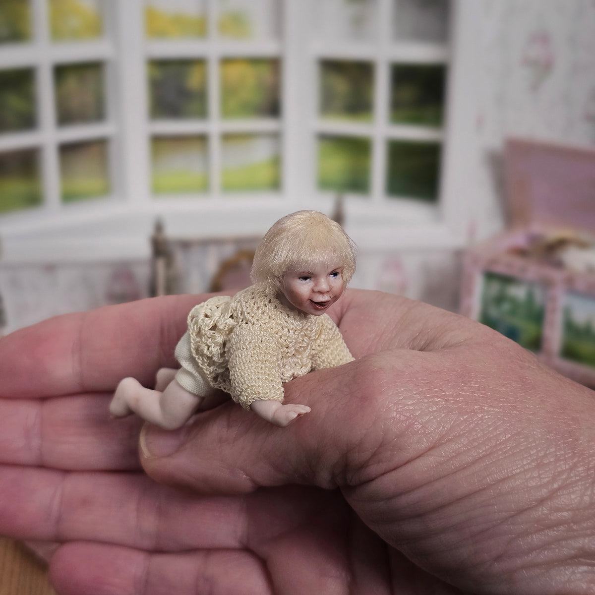 Joan Blackwood Blonde Crawling Baby 1:12 Sculpted Porcelain Miniature Doll