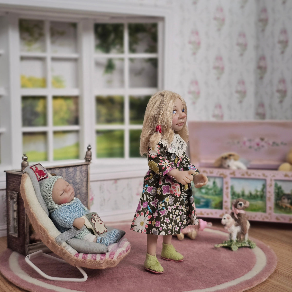 Catherine Muniere Blonde Little Girl Pointing Finger in Floral Dress 1:12 IGMA Fellow