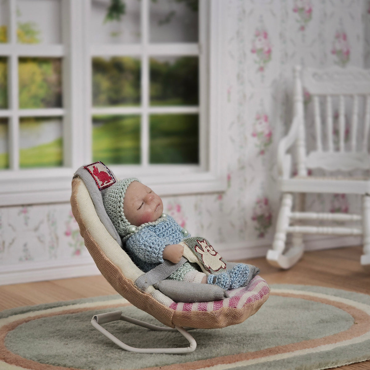 Catherine Muniere Peaceful Sleeping Baby Boy Doll in Bouncer 1:12 OOAK Miniature