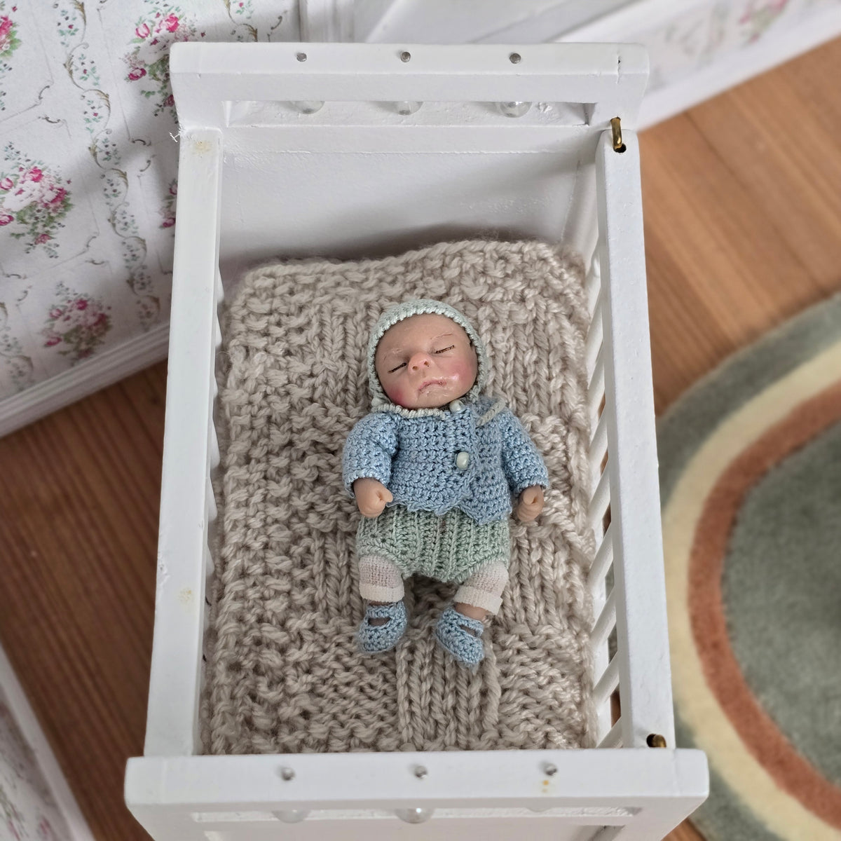 Catherine Muniere Peaceful Sleeping Baby Boy Doll in Bouncer 1:12 OOAK Miniature