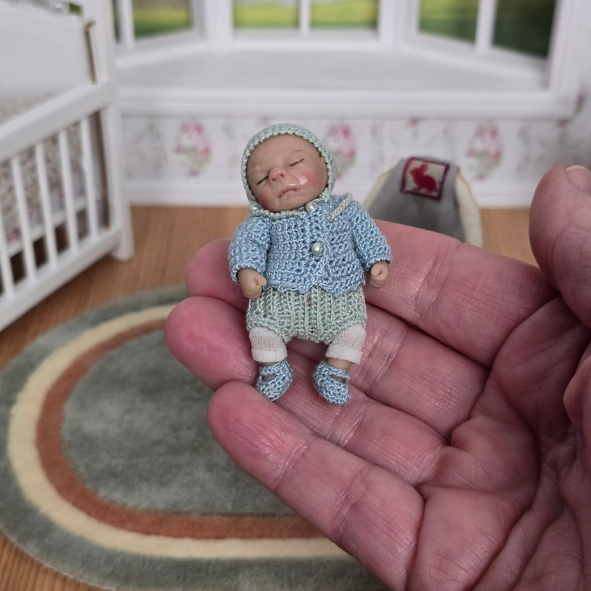 Catherine Muniere Peaceful Sleeping Baby Boy Doll in Bouncer 1:12 OOAK Miniature