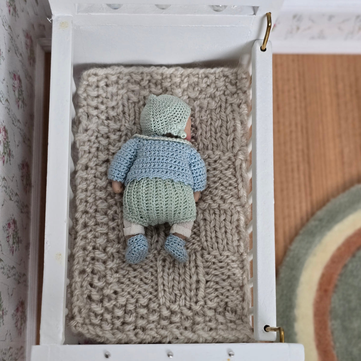 Catherine Muniere Peaceful Sleeping Baby Boy Doll in Bouncer 1:12 OOAK Miniature