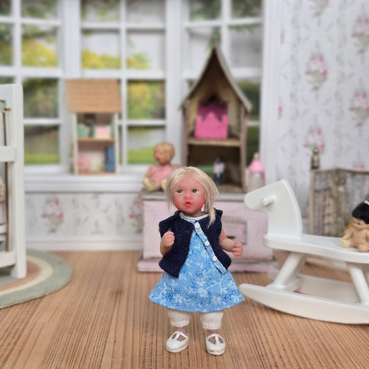 Irina Martin Blonde Toddler Girl in Blue Dress 1:12 Sculpted Clay Doll