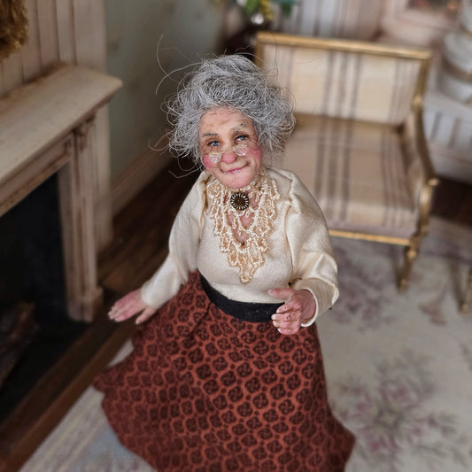 Jeanne Rullie Smiling Happy Older Granny Lady with Glasses 1:12 Miniature Doll