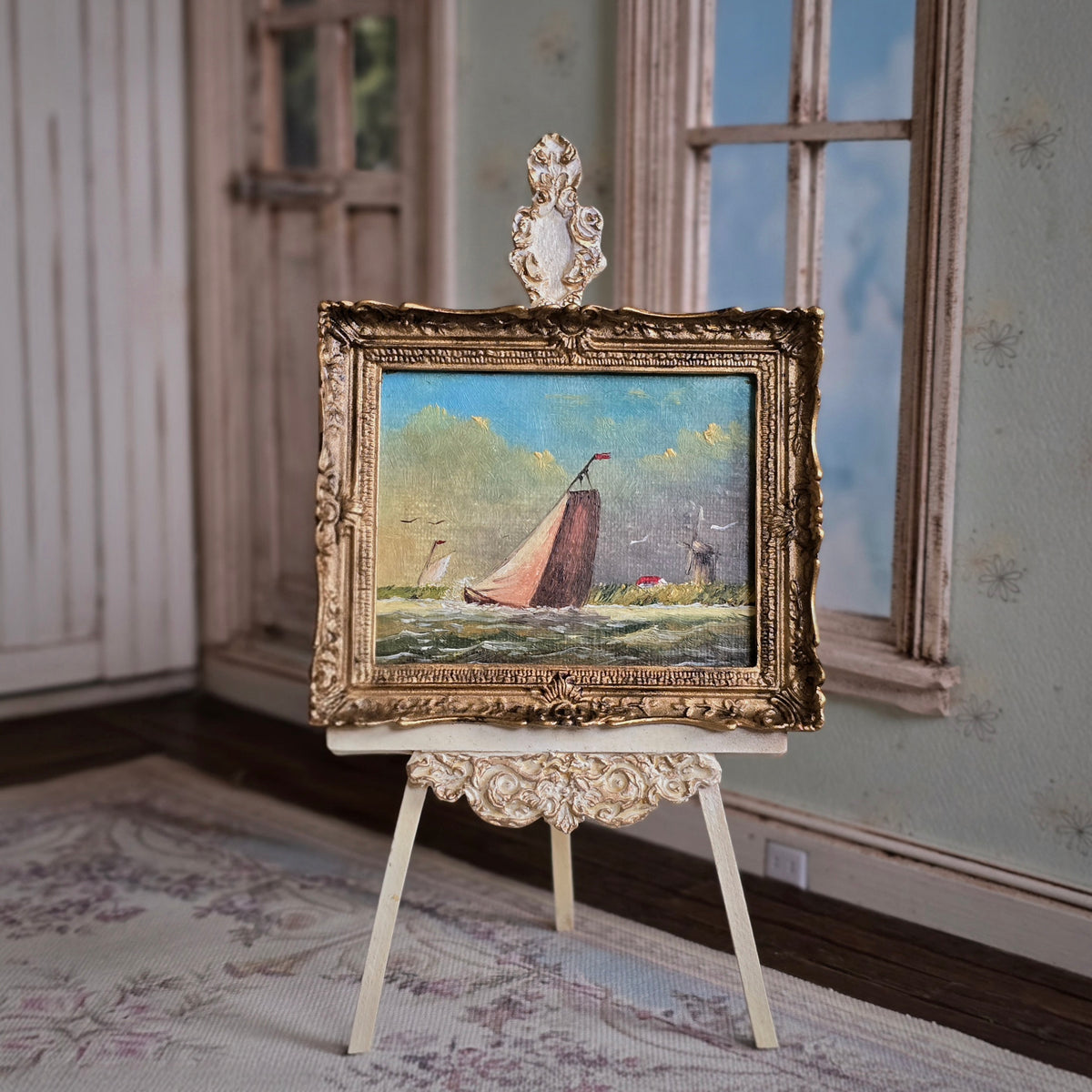 Jenny Haylett Dutch Maritime Seascape Oil Painting with Windmill, Gilt Ornate Frame