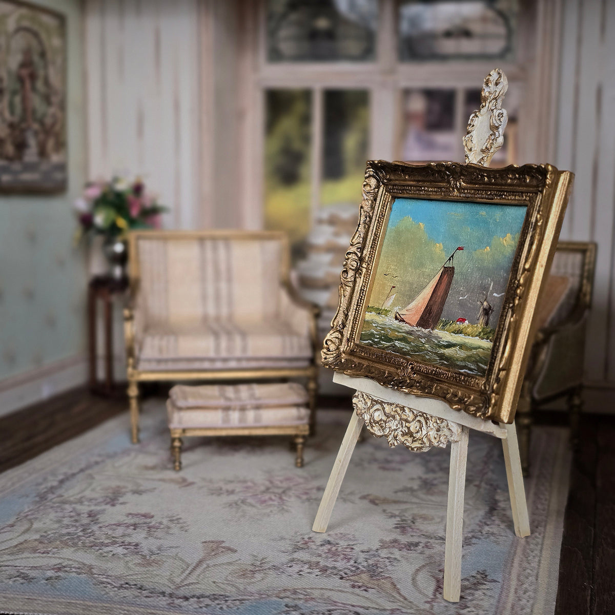 Jenny Haylett Dutch Maritime Seascape Oil Painting with Windmill, Gilt Ornate Frame