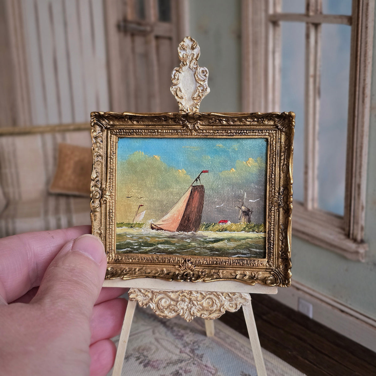 Jenny Haylett Dutch Maritime Seascape Oil Painting with Windmill, Gilt Ornate Frame