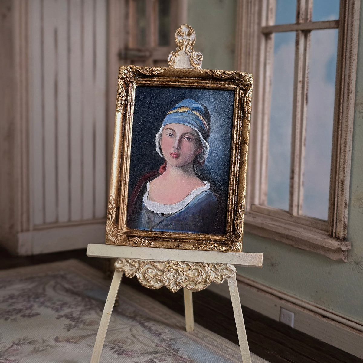 Maritza Moran Original Oil Portrait After Pietro Rotari, Russian Girl in Blue Dress