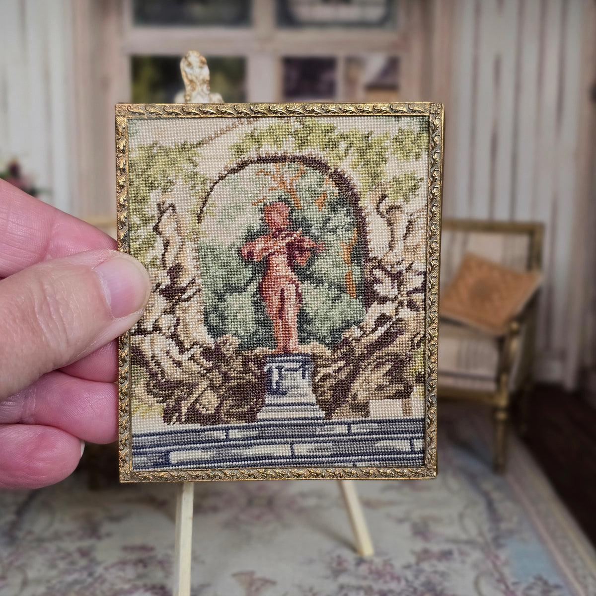 Rachel Brezski Framed Classical Garden Statue Petit Point Needlework