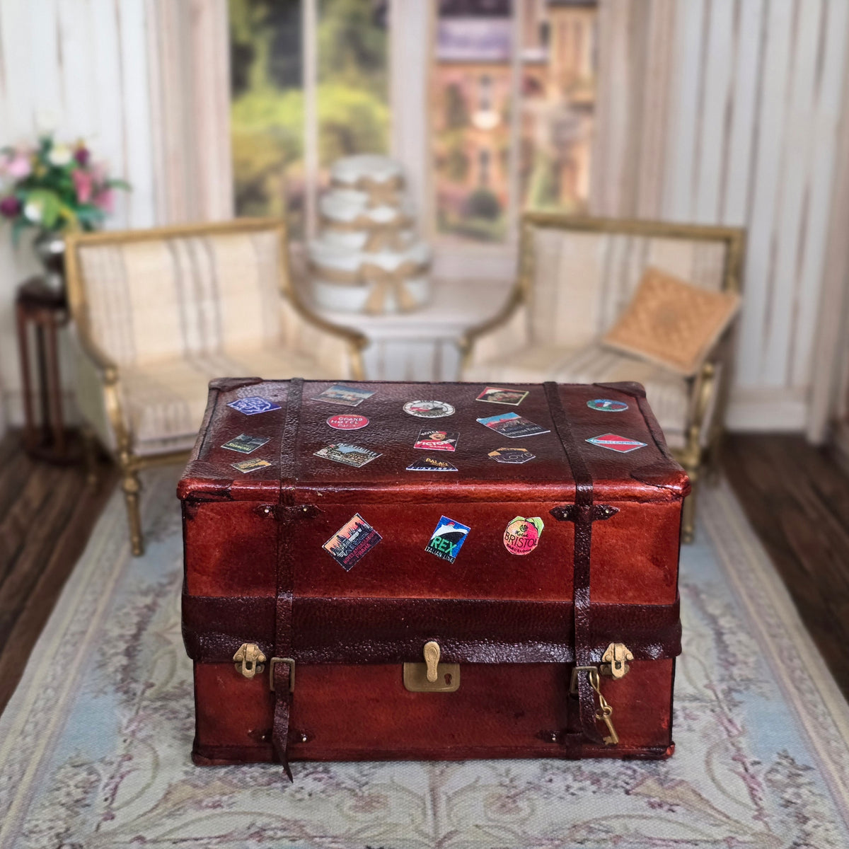 Sylvia Rountree Functional Aged Leather Steamer Trunk with Travel Labels & Storage