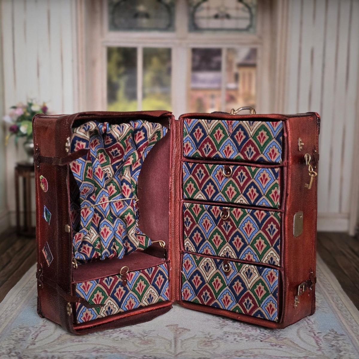 Sylvia Rountree Functional Aged Leather Steamer Trunk with Travel Labels & Storage