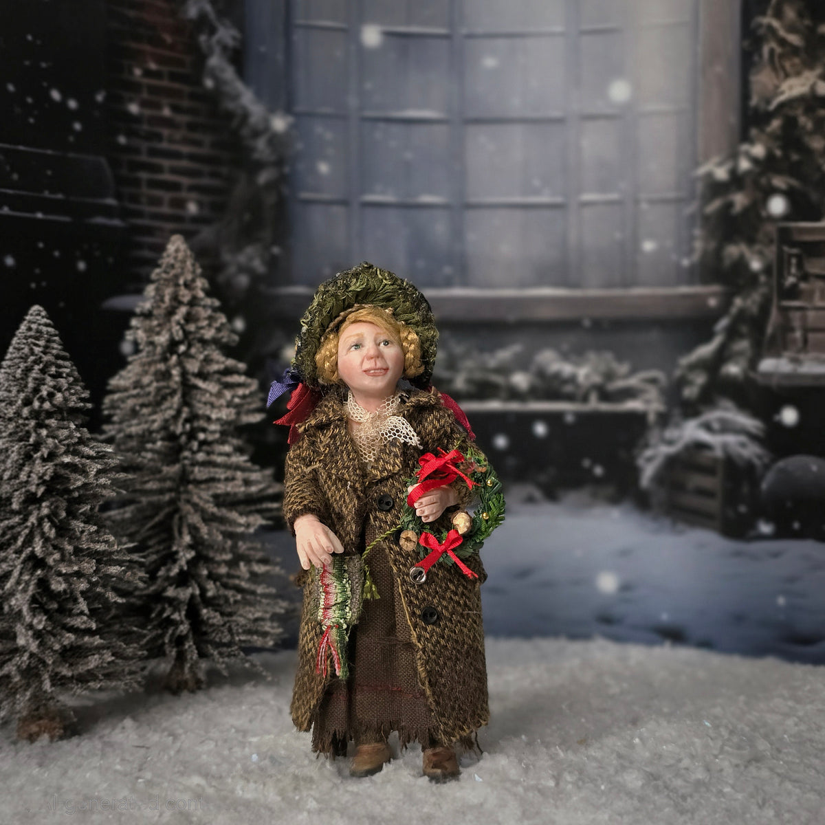 Doris Tussing Smiling Street Urchin Peddler Girl with Christmas Wreath Child Doll