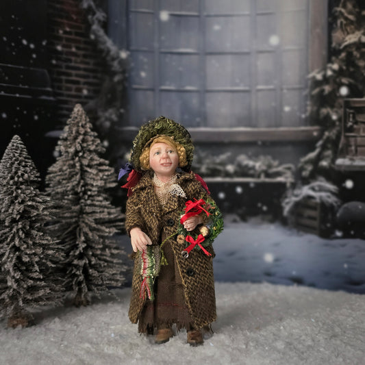 Doris Tussing Smiling Street Urchin Peddler Girl with Christmas Wreath Child Doll