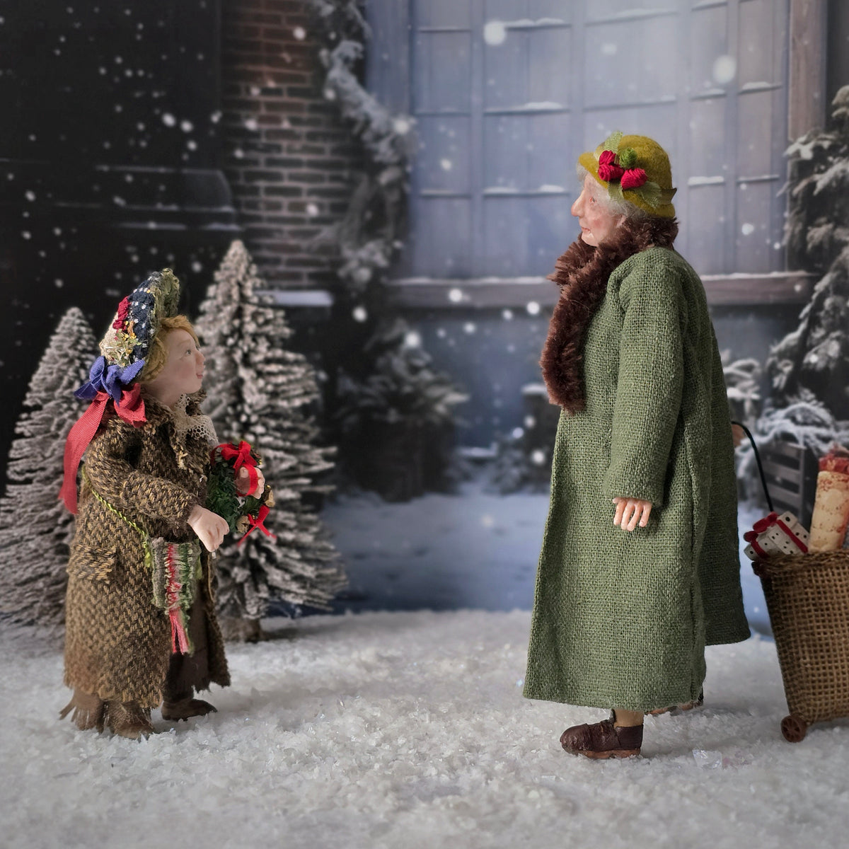 Doris Tussing Smiling Street Urchin Peddler Girl with Christmas Wreath Child Doll