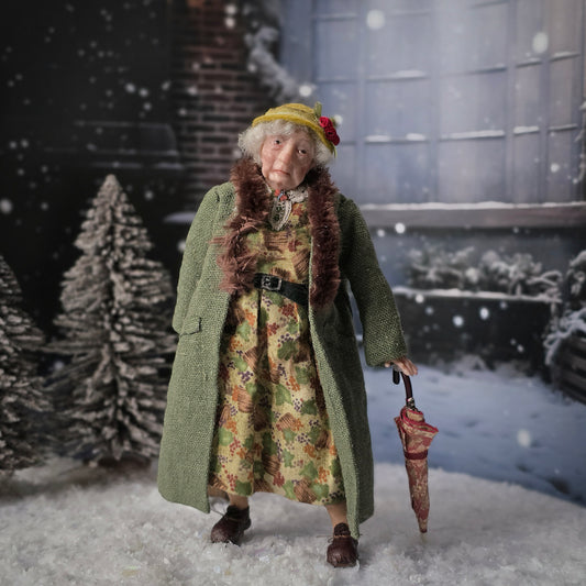 OOAK Older Lady with Shopping Trolley & Umbrella 1:12 Artisan Holiday Doll