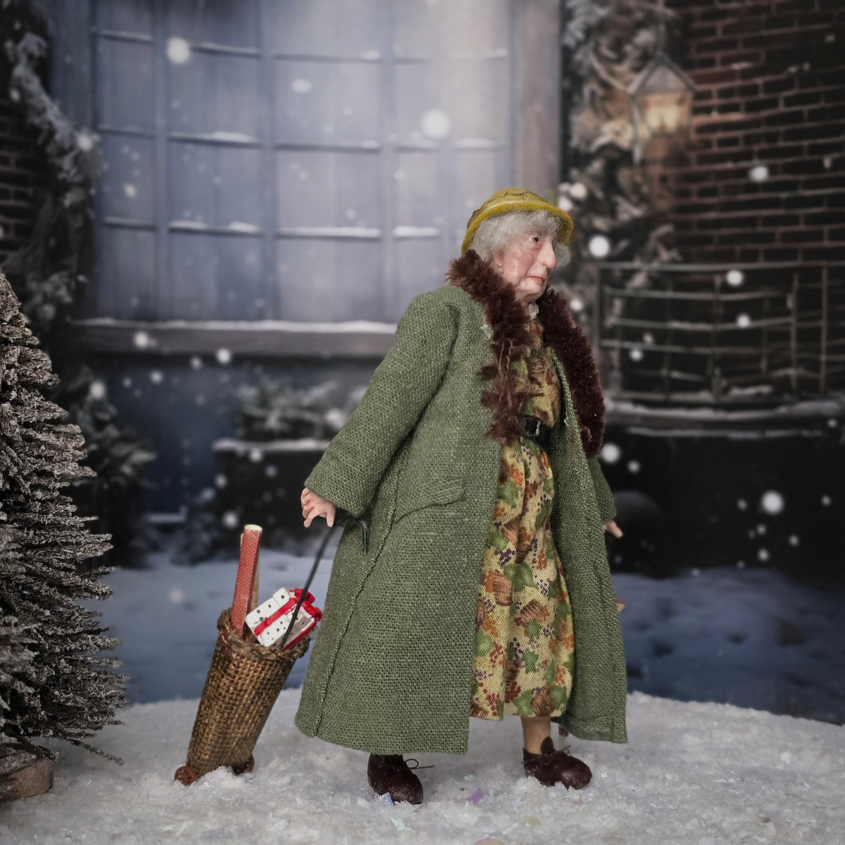 OOAK Older Lady with Shopping Trolley & Umbrella 1:12 Artisan Holiday Doll