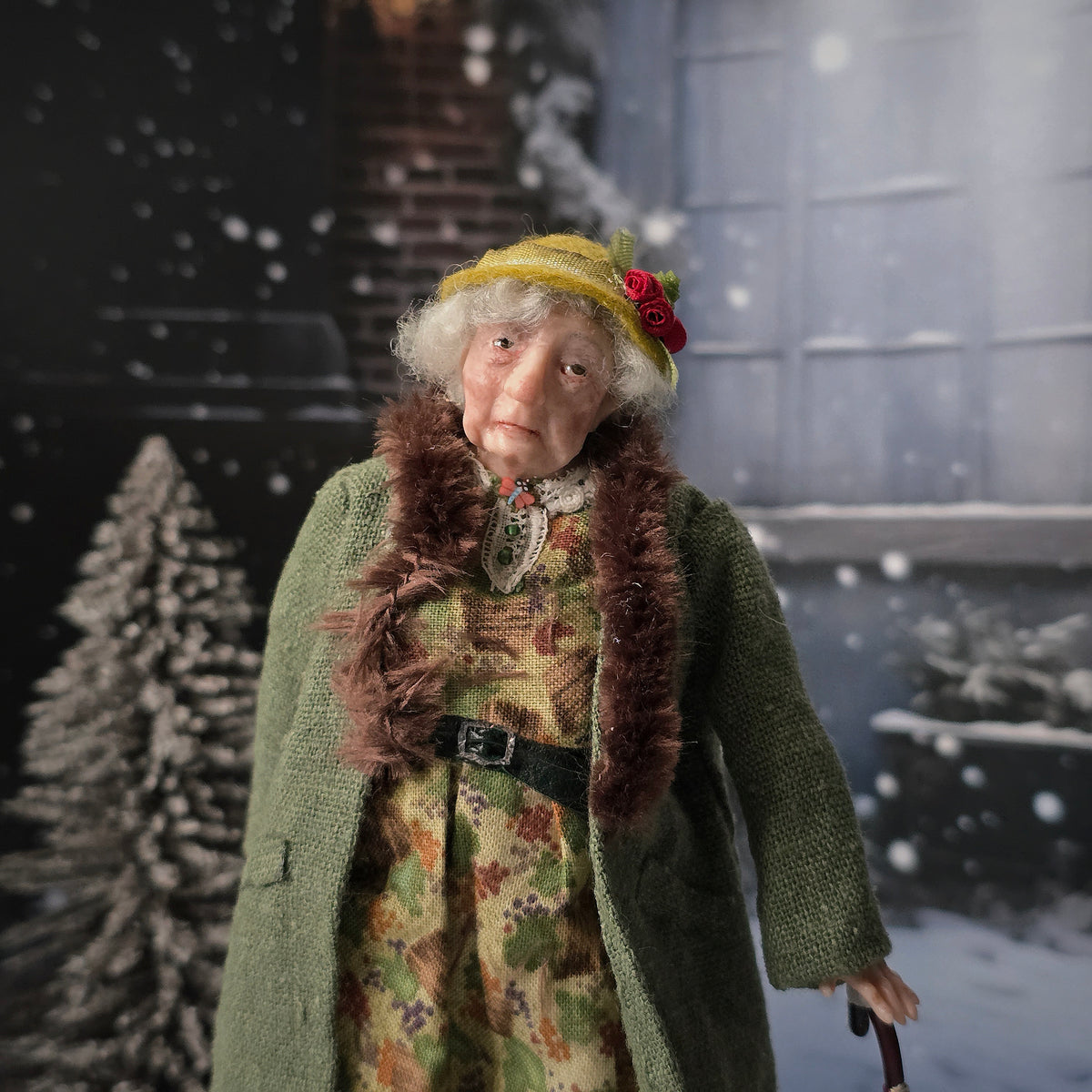 OOAK Older Lady with Shopping Trolley & Umbrella 1:12 Artisan Holiday Doll