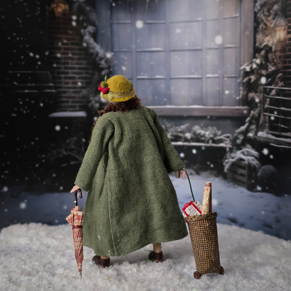 OOAK Older Lady with Shopping Trolley & Umbrella 1:12 Artisan Holiday Doll