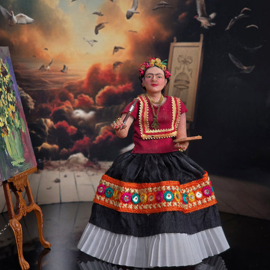 OOAK Frida Kahlo Artist Doll  & Painting Accessories by Carolina Vilar of Spain