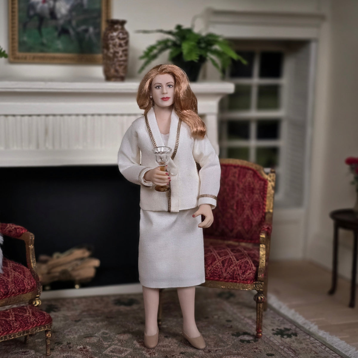 Clay Elegant Strawberry-Blonde Lady in Cream Wool Suit Artisan Doll with Wine Glass