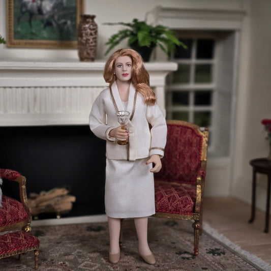 Clay Elegant Strawberry-Blonde Lady in Cream Wool Suit Artisan Doll with Wine Glass