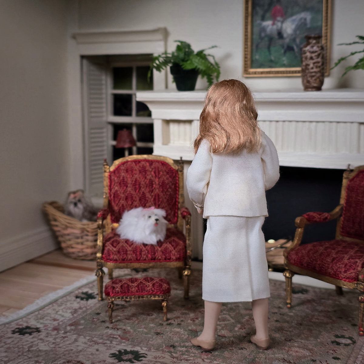 Clay Elegant Strawberry-Blonde Lady in Cream Wool Suit Artisan Doll with Wine Glass
