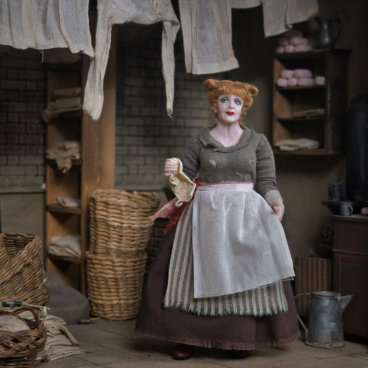 Julie Campbell OOAK Victorian Wash Lady Doll Clay Laundry Woman with Washcloth