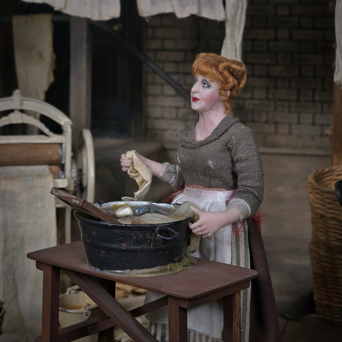 Julie Campbell OOAK Victorian Wash Lady Doll Clay Laundry Woman with Washcloth