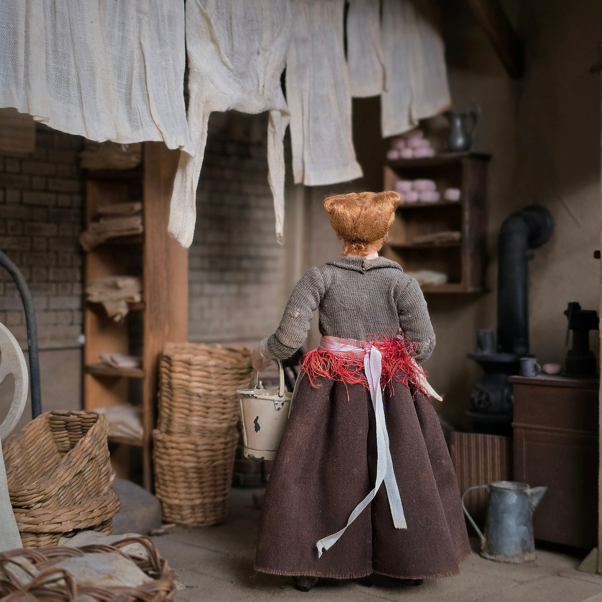 Julie Campbell OOAK Victorian Wash Lady Doll Clay Laundry Woman with Washcloth