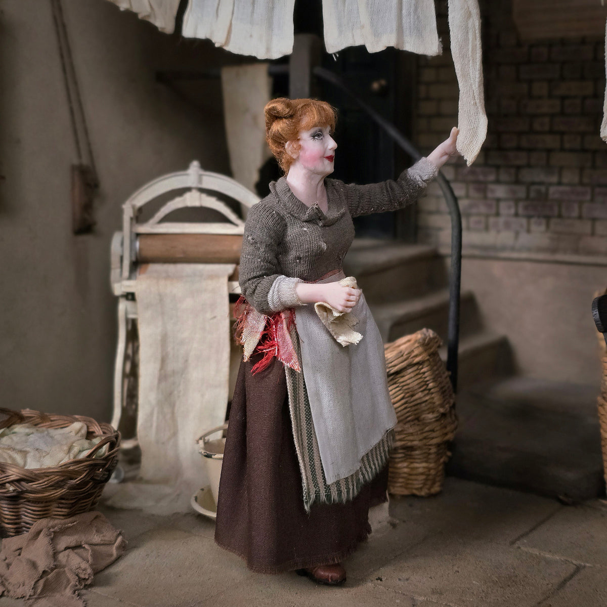 Julie Campbell OOAK Victorian Wash Lady Doll Clay Laundry Woman with Washcloth
