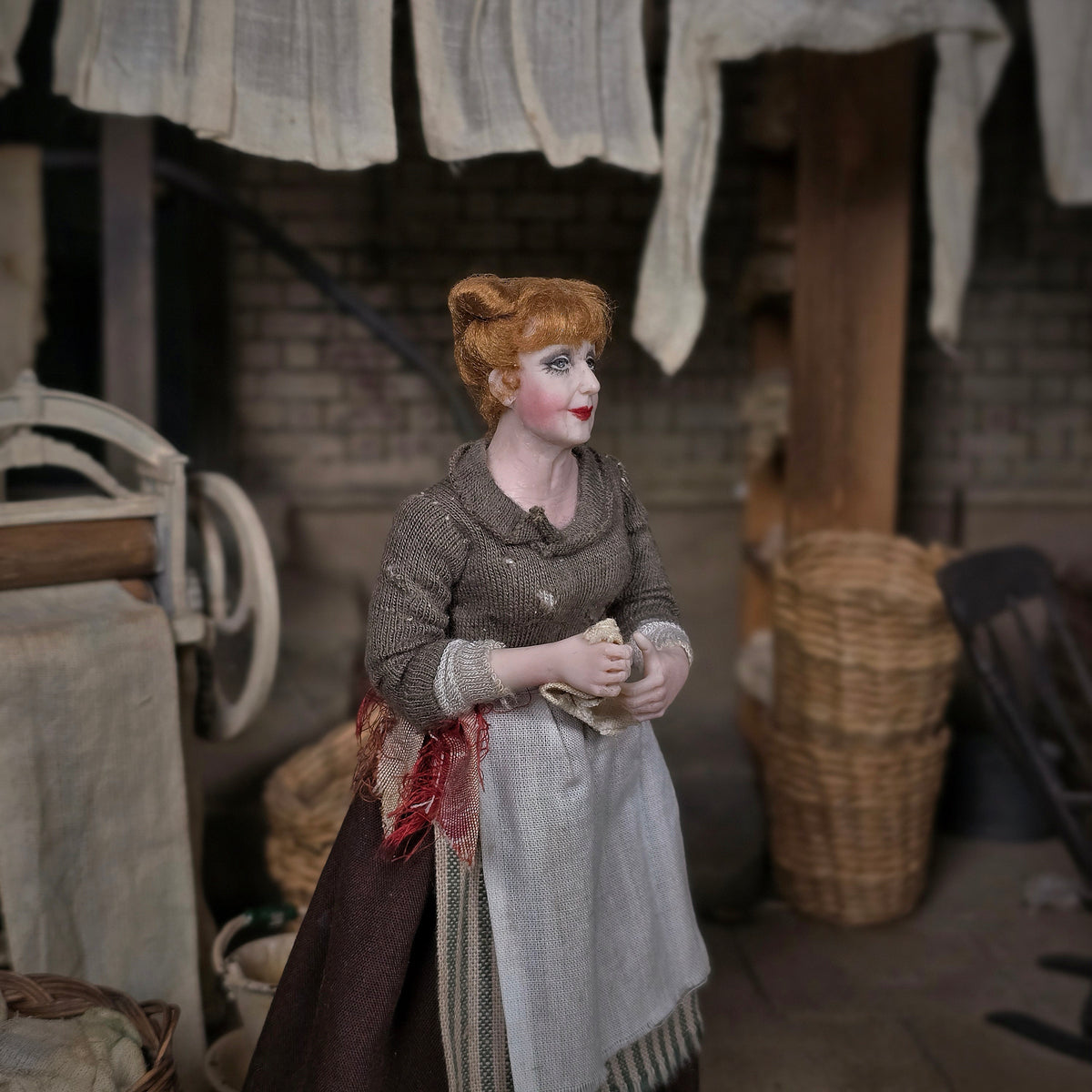 Julie Campbell OOAK Victorian Wash Lady Doll Clay Laundry Woman with Washcloth