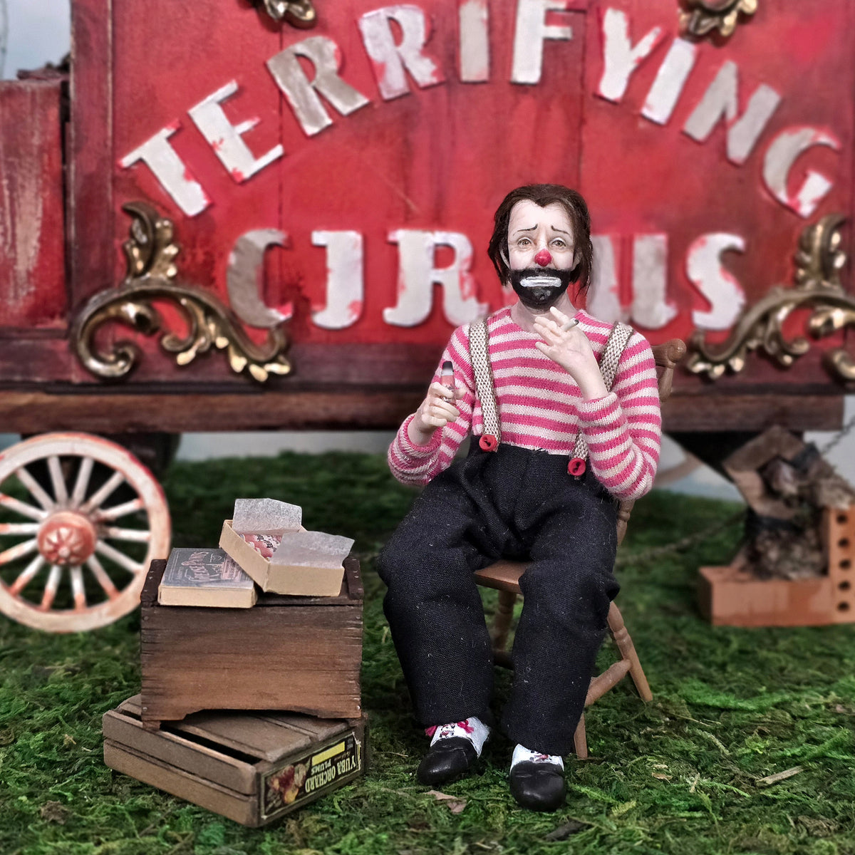 Julie Campbell Seated Tired, Smoking Circus Clown Doll with Chair & Grease Paint Box