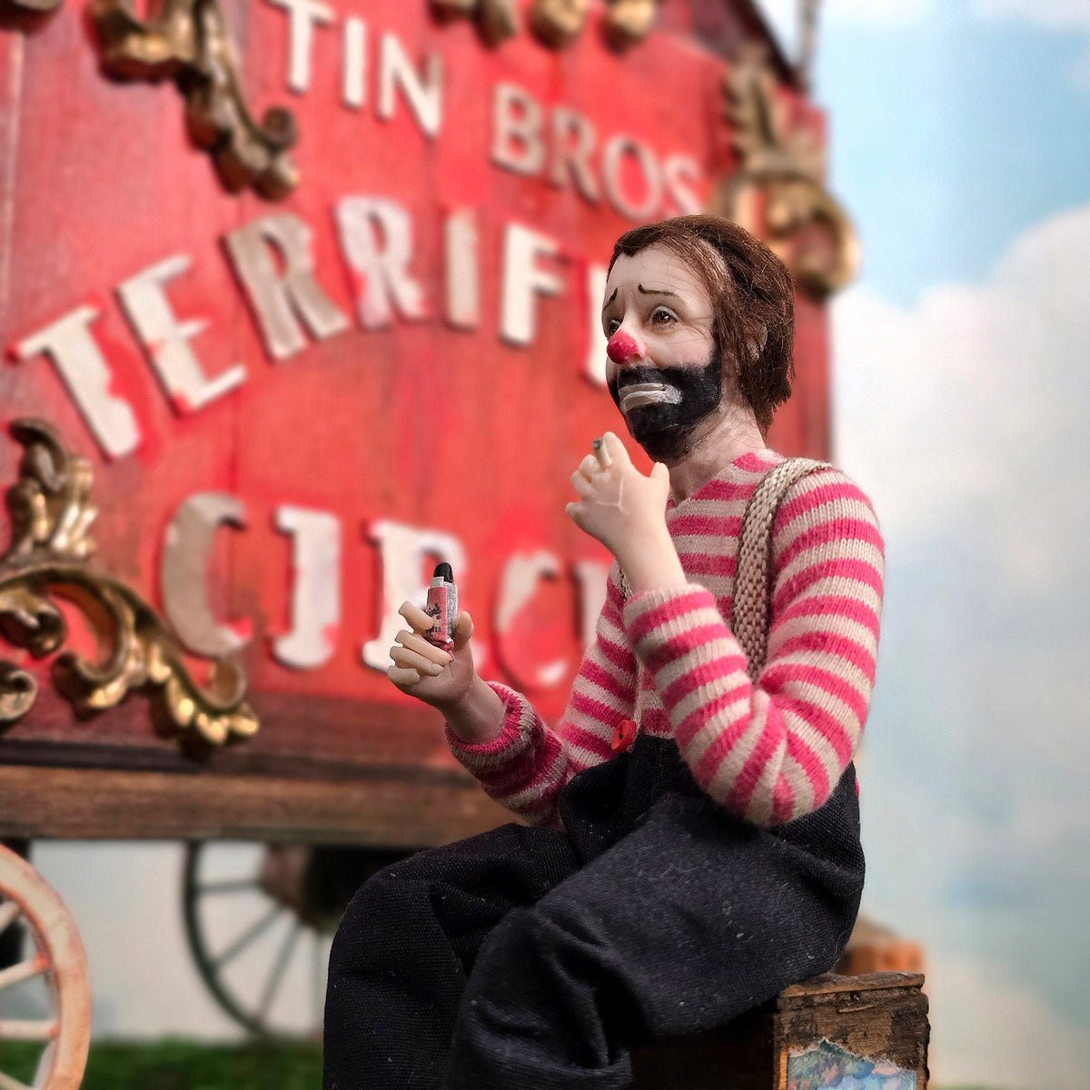 Julie Campbell Seated Tired, Smoking Circus Clown Doll with Chair & Grease Paint Box