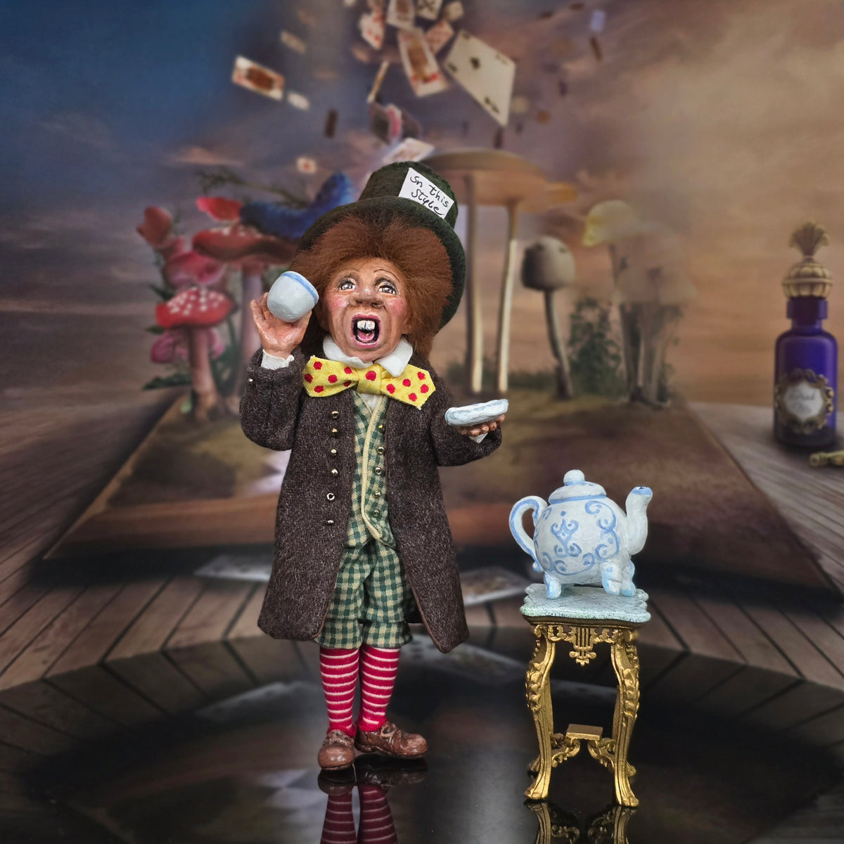 Betsy Baker Mad Hatter Doll Alice in Wonderland with Teapot & Teacup Sculpted Clay