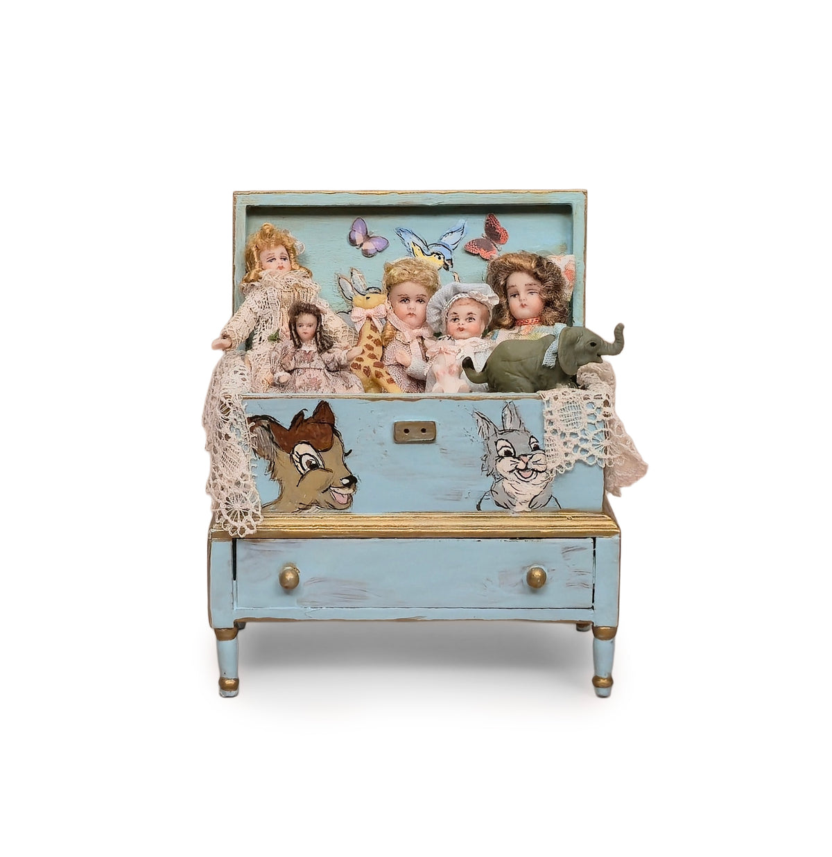 Pat Boldt Hand-Painted Bambi Nursery Toy Chest with Five Porcelain Dolls, Signed 2019