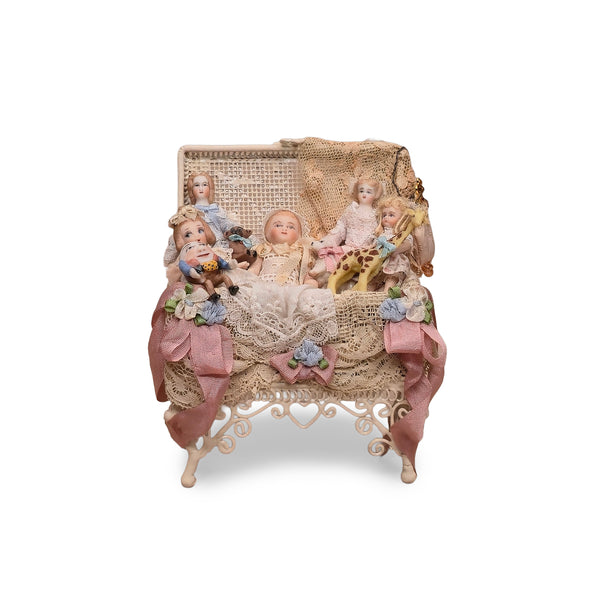 Pat Boldt Lace-Filled Wirework Toy Trunk with 6 Bisque Porcelain Dolls & Nursery Toys