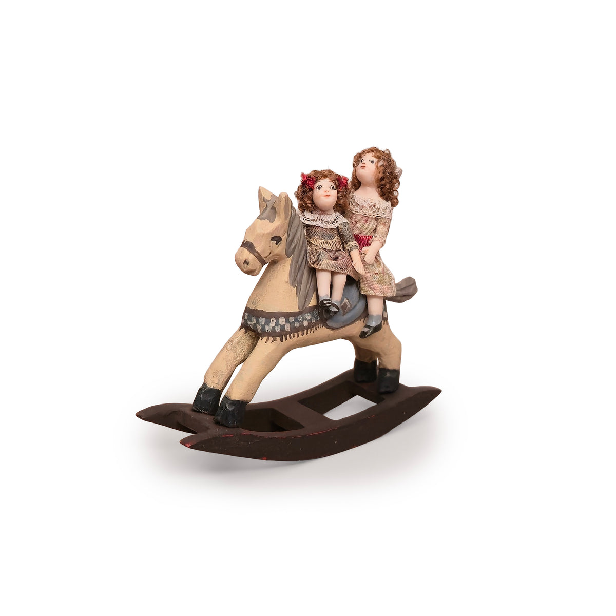 Almudena Gonzalez Two Victorian Little Girl Dolly's Riding a Wooden Rocking Horse